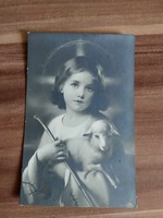 Antique postcard, little girl and lamb, postage cleared