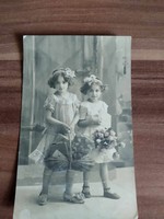 Antik színezett fotó képeslap, kislányok, használt, 1918