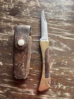 Old copper handle knife with wooden inlay with leather sheath