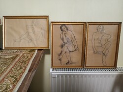 Abonyi Tivadar női akt rajzai, 3 db egyben, keretezve