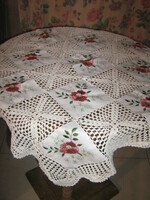 Beautiful hand crocheted embroidered floral white tablecloth