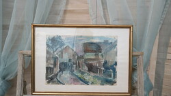 Village street scene, watercolor, signed, in a beautiful golden wooden frame