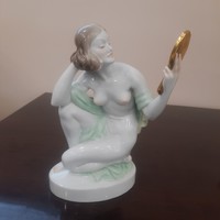 Herend porcelain woman with mirror, female nude figure