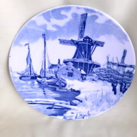 Delft porcelain decorative plate, blue-white, Dutch porcelain, ship, sailboat, sea scene (large)