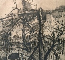 Gábor Remsey (1925-1999): Sada courtyard with boom well (etching) peasant life