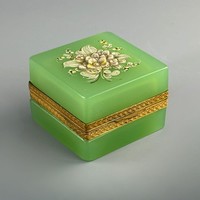 Glass jewelry holder with chrysoprase floral handmade porcelain decoration ca. 1940