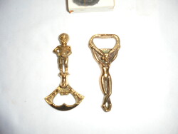 Two figured metal beer openers, beer openers - together - peeing boy, female nude