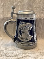 Marked stoneware pewter half liter beer mug with lid