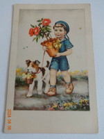 Old graphic greeting card: little boy with flowers and dog