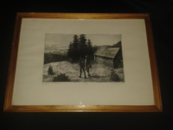 András Csanády (1929 - ): woodcutters 1982 etching (in glazed frame)