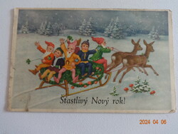 Régi grafikus újévi üdvözlő képeslap, postatiszta