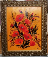 Czinóber - Pirosak és sárga ( 40 x 50 , olaj, festőkéssel, mesés keretben )