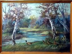 Signed hunting painting, 70 x 50, oil, in original frame
