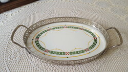 Beautiful, antique porcelain inlay, small tray with a metal frame