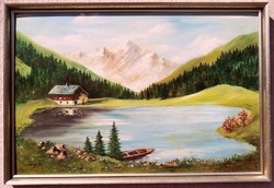 Tyrolean landscape with forest lake and cottage, signed painting from Austria