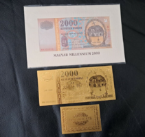 Certifikációval, aranyozott millenniumi 2000 forint bankjegy, replika, és a modellje