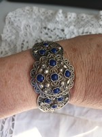 Old handmade Asian silver bracelet with royal blue porcelain stones for sale!