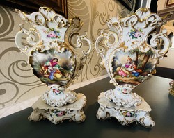 Pair of French jacob petit hand-painted and gilded pedestal vases