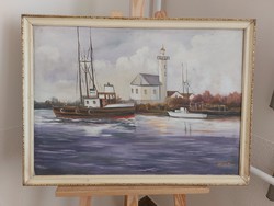 Ship painting, signed 75x55 cm frame, may require cleaning.
