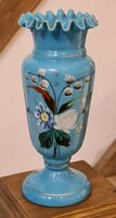 Art Nouveau antique turquoise milk glass painted enamel vase with split base