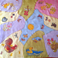 Silk scarf, hand-dyed, hand-stitched, spring scene