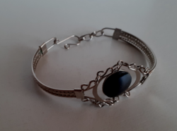Retro silver-plated hand-made bracelet bangle studded with a black set porcelain stone