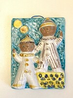 Ilona Kiss roóz - clowns in the circus marked blue painted ceramic mural sculpture