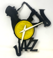 Illés is a wall clock depicting a jazz musician with a saxophone made of vinyl record