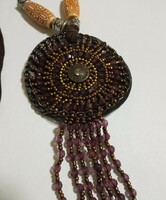 Retro fashion necklace - large leather pendant with handmade pearls on leather thread