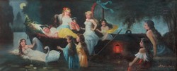 Daughter's dream, romantic scene, with nymphs, oil on canvas painting, eagle with signature