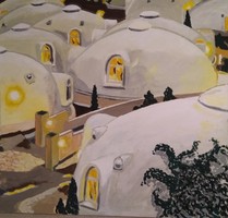Bubble houses in the evening atmosphere. Acrylic painting, 60 x 60 modern architecture