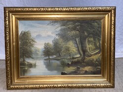Lakeside with trees, labeled oil painting.