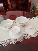 2 marked Hólloháza floral porcelain tea cups without bottom and 1 sugar holder with lid