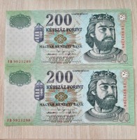 2 db sorszámkövető 200 forint bankjegy FB  2005  UNC