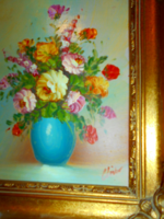 Framed oil painting signed flower still life (oil painting on fiberboard)