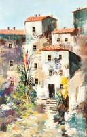Contemporary artist: Mediterranean street detail - oil on canvas painting, framed