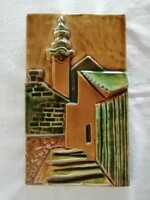 Ceramic mural, Szentendre, church tower, rooftops, old town atmosphere