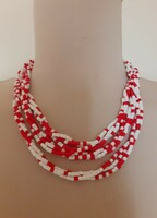 Long, three-line red and white glass necklace