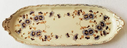 Zsolnay porcelán tálaló-süteményestál búzavirág mintával, arany peremmel korai minta