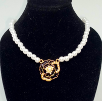 White tekla pearl necklace with black rose pendant 260