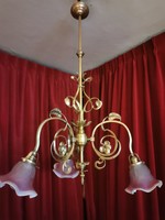Antique copper three-pronged Art Nouveau chandelier/ 1920-30/ with gradient, acid-etched shades. Sale!