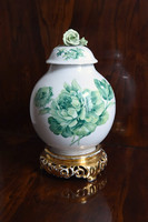 Herend vase with a green rose pattern on the lid, with separate gilded base, No. xx. The beginning