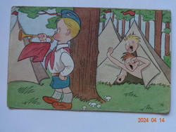 Old, retro graphic greeting card, children, pioneer camp (