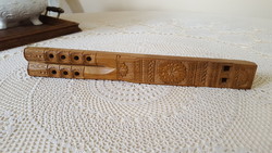 Antique carved folk hardwood two-pipe flute, fife
