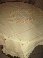 Beautiful hand-crocheted edge embroidered azure yellow tablecloth