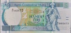 Malta 5 liri, 1967, unc banknote