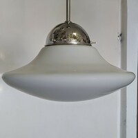 Refurbished Art Deco nickel-plated ceiling lamp - specially shaped frosted milk glass shade