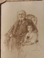 Antique graphic - family portrait - grandfather with his granddaughter - marked