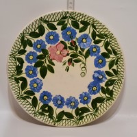 Hódmezővásárhely, blue floral, green line pattern, white glazed folk ceramic wall plate (3011)