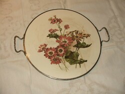 Flower-patterned ceramic coaster with metal frame and handle